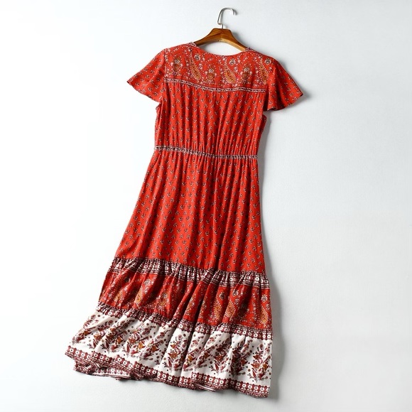 BOHEMIAN FLORAL PRINT V NECK RUFFLED TASSEL DRESS - Picture 2 of 5